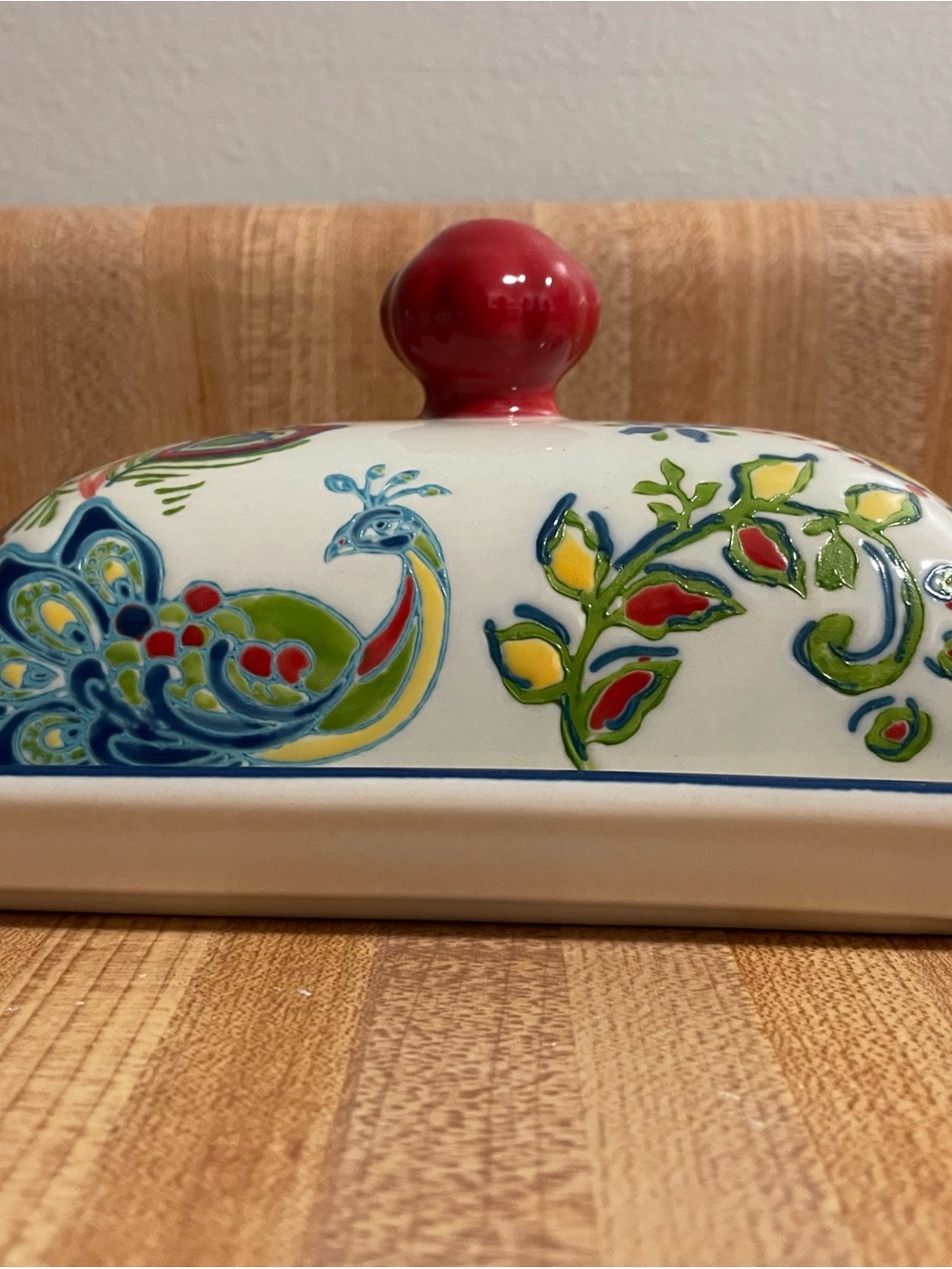 Ceramic Peacock Butter Dish in Red, Blue & Green